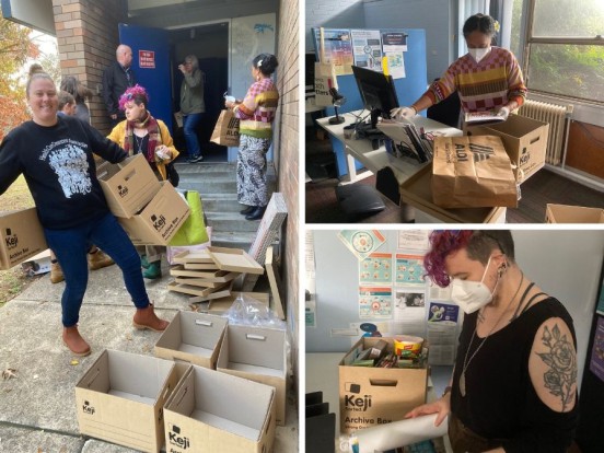 Three photos of HCCA staff at Maitland House. One shows a group of staff armed with empty boxes before we headed into the building; one shows Ivapene wearing a mask and loading resources into a box; one shows C wearing a mask and rolling up posters to bring.